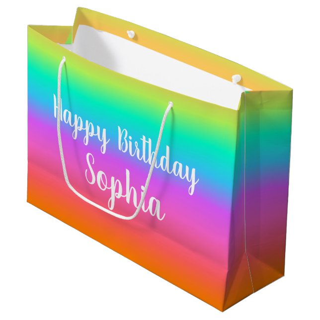 Bolsa De Regalo Grande Nombre personalizado de cumpleaños de Rainbow Happ (Angulo Anverso)