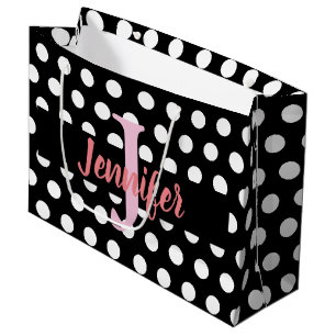 Bolsa De Regalo Grande Nombre personalizado de punto de polka negro y bla
