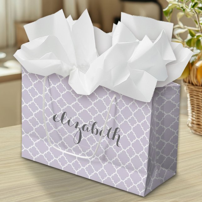 Bolsa De Regalo Grande Nombre personalizado del patrón de quatrefoil gris (Custom Gift Bag)
