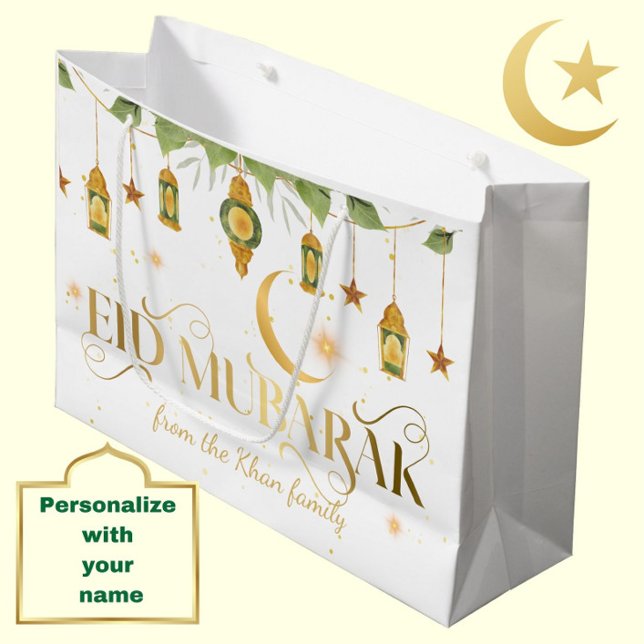 Bolsa De Regalo Grande Nombre personalizado Eid Mubarak Elegante Linterna (Personalize this modern, elegant white + gold "Eid Mubarak" gift bag for a special touch.)