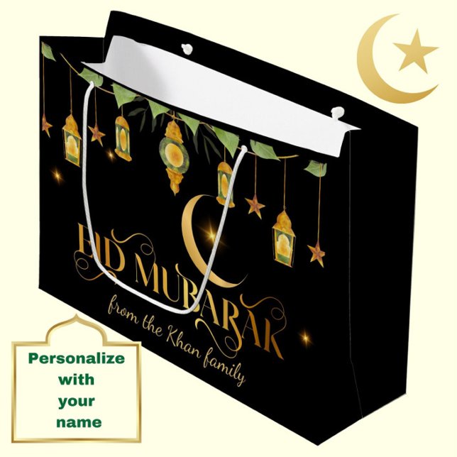 Bolsa De Regalo Grande Nombre personalizado Eid Mubarak Elegante Moon Bla (Personalize this modern, elegant black + gold "Eid Mubarak" gift bag for a special touch.)