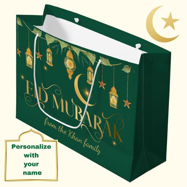 Bolsa De Regalo Grande Nombre personalizado Eid Mubarak Elegante Moon Gre (Personalize this modern, elegant emerald green + gold "Eid Mubarak" gift bag for a special touch.)