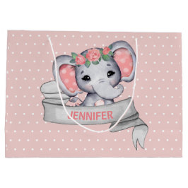 Bolsa De Regalo Grande Nombre Personalizado Elefante Bebé Niña Rosa y Gri