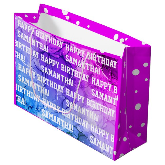 Bolsa De Regalo Grande Nombre personalizado Feliz cumpleaños Marble rosa/ (Angulo Anverso)