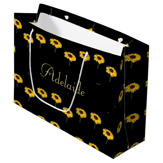 Bolsa De Regalo Grande Nombre personalizado girasoles amarillos en negro (Angulo Anverso)