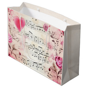 Bolsa De Regalo Grande Notas musicales y Rosas Diseño vintage