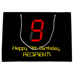 Bolsa De Regalo Grande Noveno cumpleaños: Red Digital Clock Style "9" + N