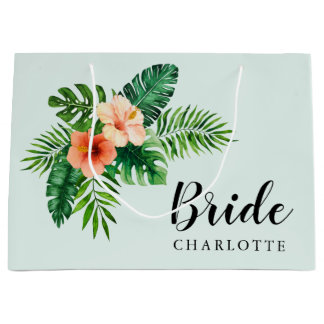 Bolsa De Regalo Grande Novia floral tropical de color verde de menta