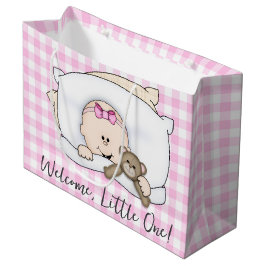 Bolsa De Regalo Grande Nueva niña con oso de peluche sobre gingham