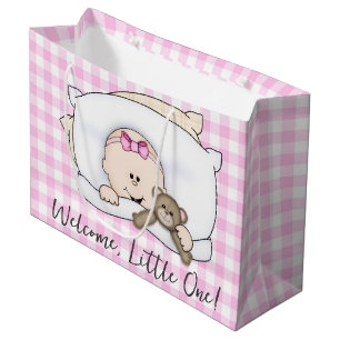 Bolsa De Regalo Grande Nueva niña con oso de peluche sobre gingham