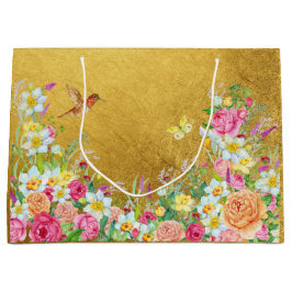 Bolsa De Regalo Grande Opulence Gold Floral Hummingbird Gift Bag