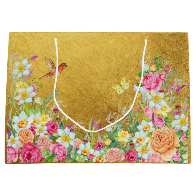Bolsa De Regalo Grande Opulence Gold Floral Hummingbird Gift Bag (Anverso)