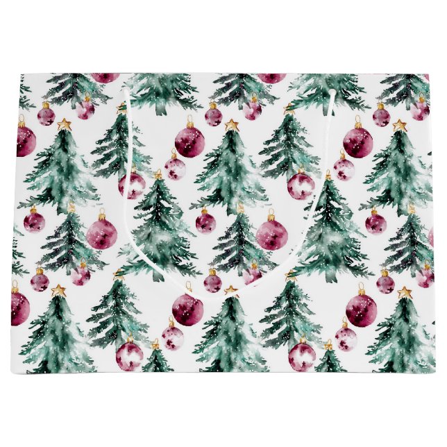 Bolsa De Regalo Grande Ornamentos verdes de árboles navideños de Borgoña (Anverso)