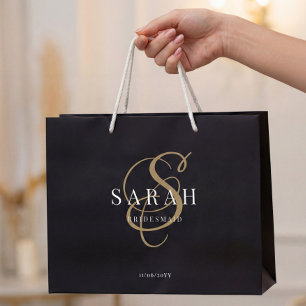 Bolsa De Regalo Grande Oro Negro Monograma Personalizado Damas de Honor