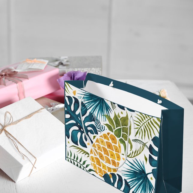 Bolsa De Regalo Grande Oro piña hojas de palma verde azul (Subido por el creador)