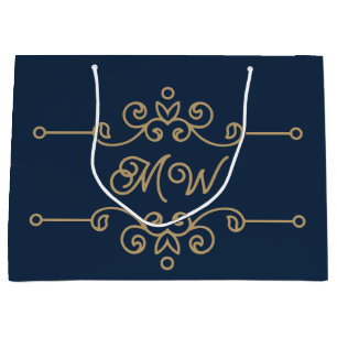 Bolsa De Regalo Grande Oro vintage y azul marino Flourish Monograma Lujo