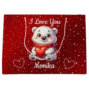 Bolsa De Regalo Grande Oso blanco y rojo te amo nombre personalizado