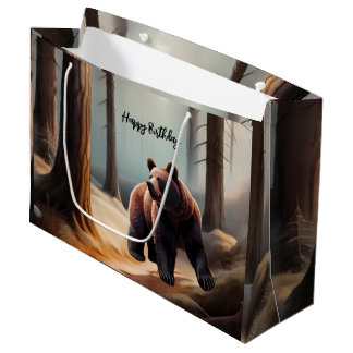 Bolsa De Regalo Grande Oso de acuarela marrón rústico