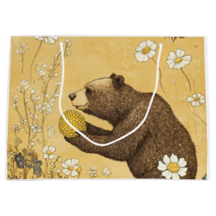 Bolsa De Regalo Grande Oso de Miel en Prado de Flores Silvestres