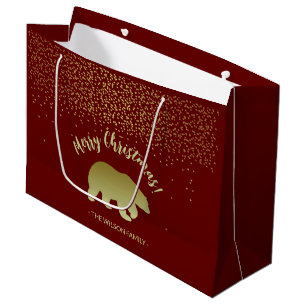 Bolsa De Regalo Grande Oso de Navidad Dorado y Burdeos