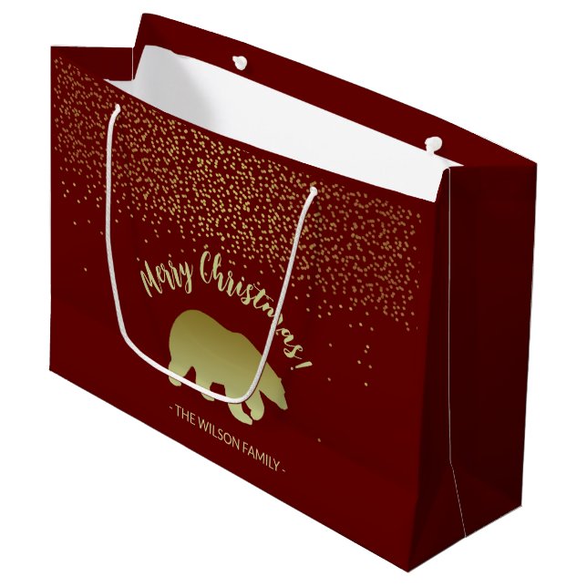 Bolsa De Regalo Grande Oso de Navidad Dorado y Burdeos (Angulo Anverso)