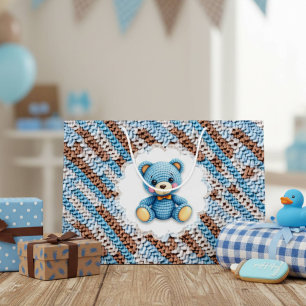 Bolsa De Regalo Grande Oso de peluche azul y marrón de ganchillo lindo