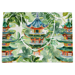 Bolsa De Regalo Grande Pagoda asiática acuarela en paisaje verde (11)