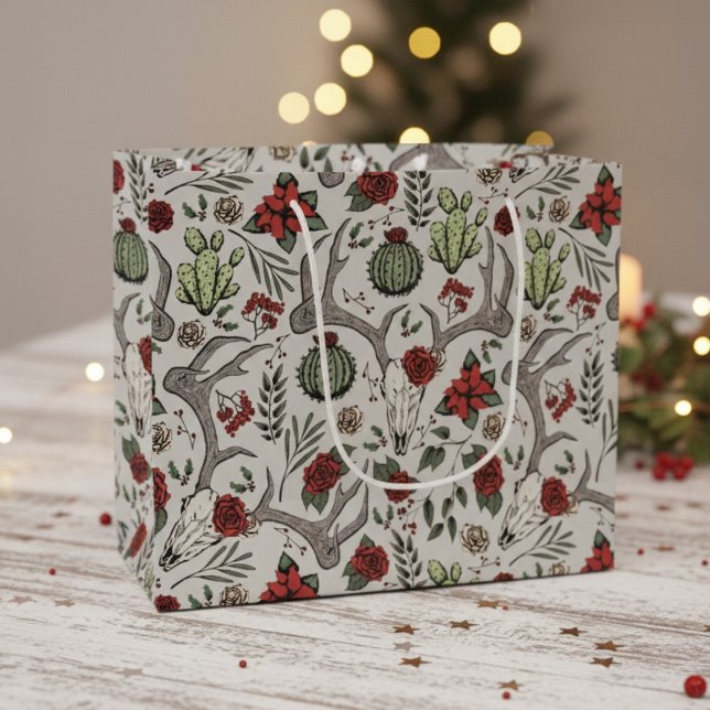 Bolsa De Regalo Grande País Navidades occidentales Floral Rombo de reno (Chic Country Christmas Gift Bags. Reindeer Skull, Poinsettias, Red Berries, Roses Goth Xmas Pattern)