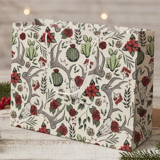 Bolsa De Regalo Grande País Navidades occidentales Floral Rombo de reno (Red Green Country Christmas Gift Bags. Reindeer Skull, Poinsettias, Red Berries, Roses Xmas Pattern)