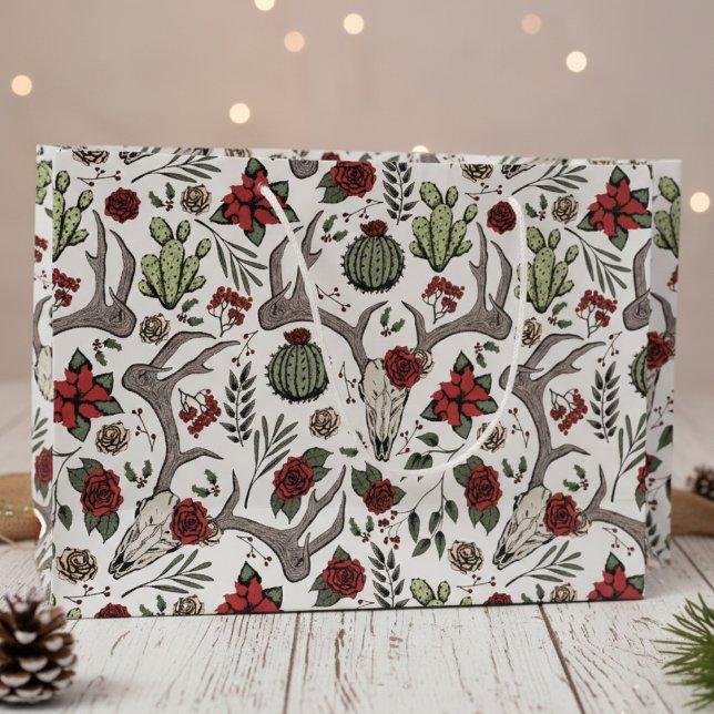 Bolsa De Regalo Grande País Navidades occidentales Floral Rombo de reno (Vintage Country Christmas Gift Bags. Reindeer Skull, Poinsettias, Red Berries, Roses Xmas Pattern)