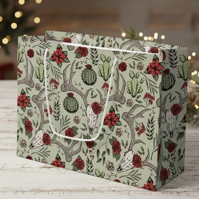 Bolsa De Regalo Grande País Navidades occidentales Floral Rombo de reno (Elegant Country Christmas Gift Bags. Reindeer Skull, Poinsettias, Red Berries, Roses Pattern for Her)