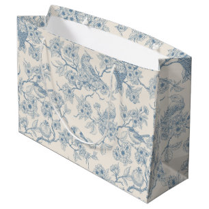 Bolsa De Regalo Grande Pájaros y flor de cerezo en azul y blanco desvaído
