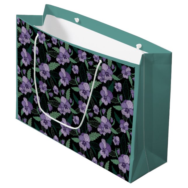 Bolsa De Regalo Grande Pansia floral con follaje sobre fondo oscuro (Angulo Anverso)