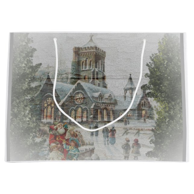 Bolsa De Regalo Grande Papá Noel de antaño con niños frente a una iglesia (Anverso)