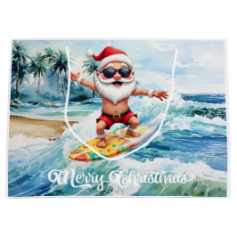 Bolsa De Regalo Grande Papá Noel surfista está en una gran ola en Hawaii