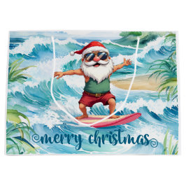 Bolsa De Regalo Grande Papá Noel surfista está en una gran ola en Hawaii