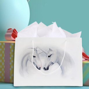 Bolsa De Regalo Grande Pareja de Unicornios Blancos Elegantes Fantasía Ro