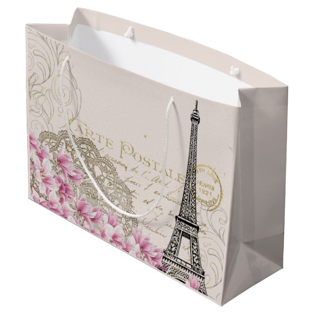 Bolsa De Regalo Grande París Francia: Diseño de viajes con rosas rosadas  (Angulo reverso)
