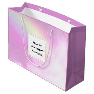 Bolsa De Regalo Grande Pastel de cielo rosado con cumpleaños arcoiris ama