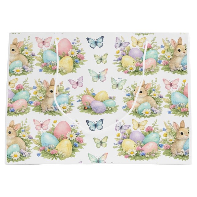 Bolsa De Regalo Grande Pastel Easter Eggs & Bunnies Flowers & Butterflies (Anverso)