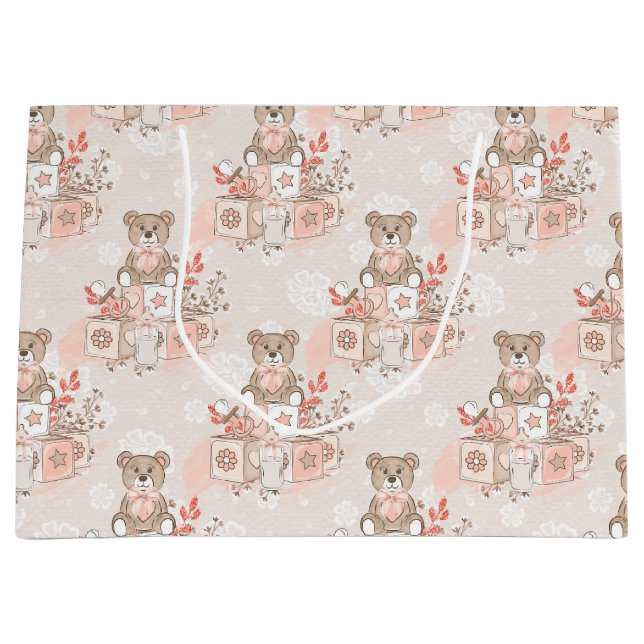 BOLSA DE REGALO GRANDE PASTEL PINK BABY BLOQUEA FLORES DE OSOS TEDDY (Anverso)