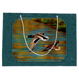 Bolsa De Regalo Grande Patos Mallard en Vuelo Verde azulado