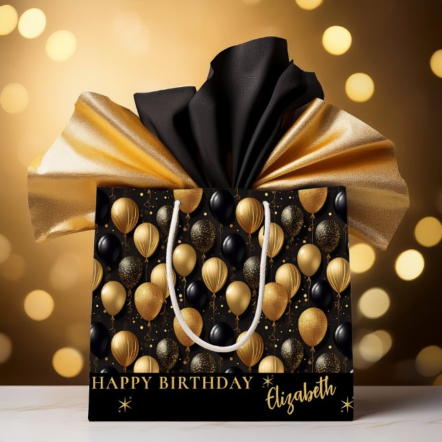 Bolsa De Regalo Grande Patrón A021 elegante de globos Purpurinas de oro n (Elegant Black and Gold Faux Glitter Balloons Pattern A021 "Happy Birthday" [Name] Large Gift Bag)