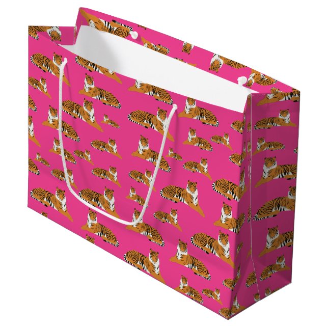 Bolsa De Regalo Grande Patrón animal de tigre de jungla rosada Naranja (Angulo Anverso)