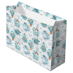 Bolsa De Regalo Grande Patrón de acuarela de ballenas náuticas