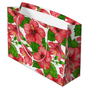Bolsa De Regalo Grande Patrón de acuarela de hibiscos rojos