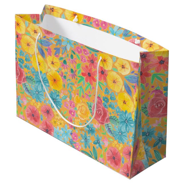 Bolsa De Regalo Grande Patrón de acuarela floral en amarillo (Angulo reverso)