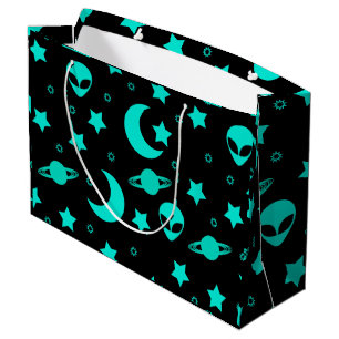 Bolsa De Regalo Grande Patrón de Alien Turquesa con Estrellas y Lunas