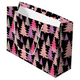 Bolsa De Regalo Grande Patrón de árbol de Navidad negro rosa brillo