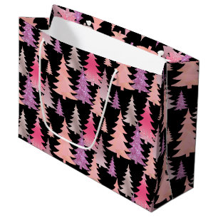 Bolsa De Regalo Grande Patrón de árbol de navidad negro rosado purpurina